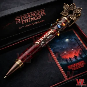 Stranger Things themed commemorative pen placed inside a dark presentation box with artistic design!