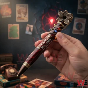Hand holding a Stranger Things inspired commemorative pen with a dramatic background scene!