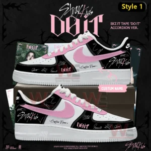 White high top Air Jordan one sneaker with pink swoosh Stray Kids do it text signature style markings and custom name shown on a shoebox with album themed background