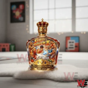 A commemorative Street Fighter II 35th Anniversary whiskey bottle with an ornate crown cap colorful character artwork and a polished glass body placed on a white textured surface in a softly blurred room!