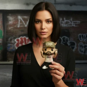 Suicideboys Staff Pop Figure 4 A woman posing with a music collectible figure featuring a staff cap beard tattoos and a bold hand gesture!