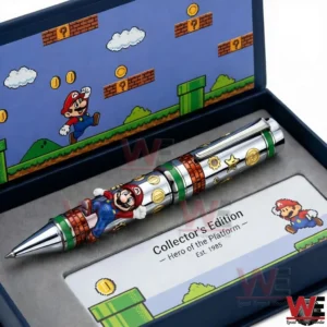 Super Mario collector edition pen displayed in a themed box with classic platform game background and colorful details!