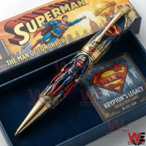 Superman themed collector pen inside a decorative display box.