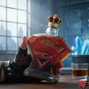 A hand holding a Crown Royal whisky bottle shaped like the Superman logo with amber liquid inside and a crown stopper placed on a table with a whisky glass nearby!