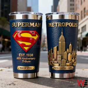 Two Superman insulated tumblers with Metropolis city skyline design standing on a city street setting!