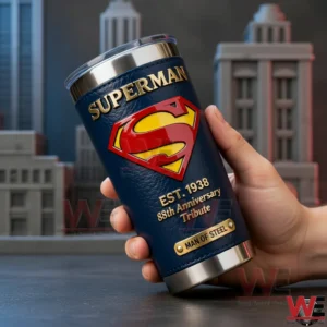 Hand holding a dark blue Superman insulated tumbler with anniversary tribute design in front of a city themed background!