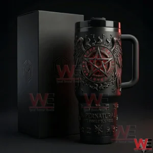 Dark insulated tumbler with handle and straw decorated with mystical symbols wings and occult themed artwork!