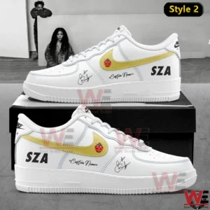 White sneakers with gold swoosh SZA name and signature artwork!
