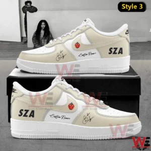 Beige and white custom sneakers with SZA name and ladybug symbol!