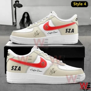 White sneakers with red swoosh SZA name and signature detail!