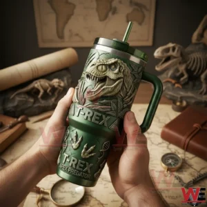 Hands holding a green T Rex themed insulated tumbler with detailed prehistoric design on a vintage desk!