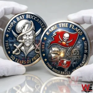 Pair of Tampa Bay Buccaneers 50 Years Of Pride coins showing Bucco Bruce pirate portrait and a Raise The Flags Go Bucs flag with ship design!
