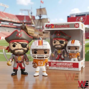 Pirate mascot figure and football player figure displayed in front of a stadium with a commemorative team box!