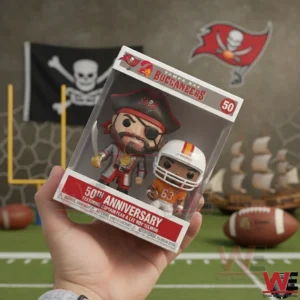 Hand holding a boxed football anniversary figure set with pirate themed background and field elements!