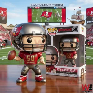 Tampa Bay Buccaneers fiftieth anniversary football collectible figure holding a ball beside a branded display box with a stadium scoreboard in the background!