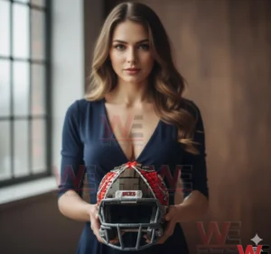 A woman holding a Tampa Bay Buccaneers NFL building blocks helmet indoors with a neutral background and clear focus on the helmet design!