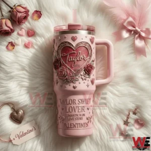 Pink Taylor Swift Lover Valentine tumbler with heart and rose decorations photographed on a white fur background!