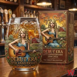 Taylor Swift debut era anniversary glass shown with premium packaging featuring illustrated artwork countryside scenery and a classic musical celebration!