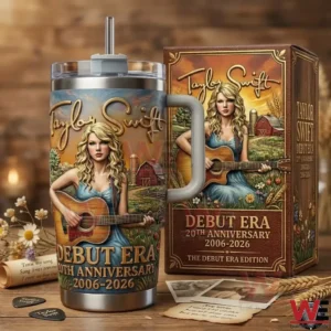 Taylor Swift debut era insulated tumbler with illustrated guitar artwork anniversary theme and matching display box on a wooden table!