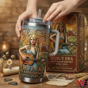 Hands holding a Taylor Swift debut era insulated tumbler with guitar illustration country theme and anniversary design!