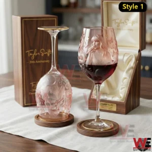 Taylor Swift twenty year anniversary wine glass with detailed portrait engraving displayed beside a wooden gift box!