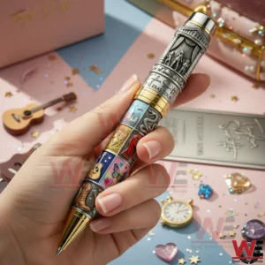 A Close Up Of A Taylor Swift Themed Pen In A Person Hand Featuring Multicolor Artwork Panels Gold Accents And A Soft Decorative Background!