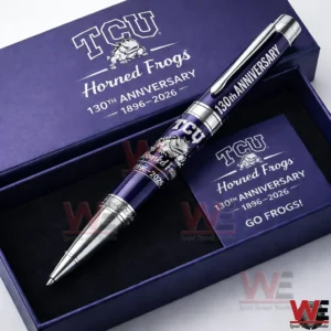 Premium TCU Horned Frogs anniversary pen set in purple and silver inside a branded gift box with 130th Anniversary 1896 2026 text!