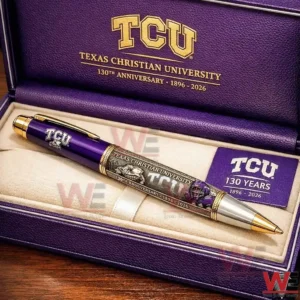 TCU anniversary pen in a purple presentation box with gold trim featuring Texas Christian University branding and 130 years 1896 2026 details.