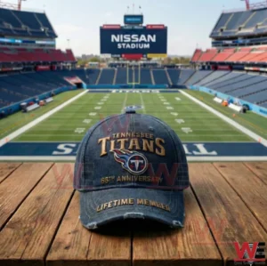 Tennessee Titans anniversary cap on a wooden table with a clear view of the football field and stadium background!