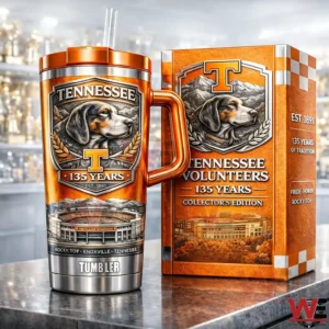 Tennessee Volunteers 135 Years Collector’s Edition Tumbler 4 Close up of a Tennessee Volunteers 135 years tumbler with handle and straw beside a matching orange collector edition box showing team logo and stadium artwork!