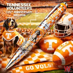 Tennessee Volunteers Vols Pride pen shown over a stadium scene with orange football gear a dog mascot and anniversary text in the background!