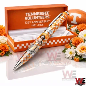 Orange and white checkered Tennessee Volunteers Vols Pride pen displayed with an open anniversary gift box flowers and an orange football in the background!
