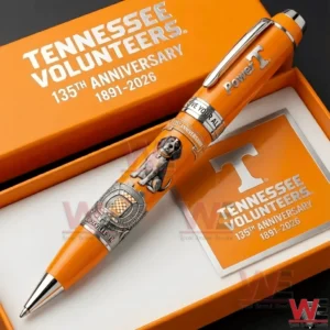 Orange Tennessee Volunteers commemorative pen with silver accents resting in an open orange gift box with 135th anniversary text and logo!