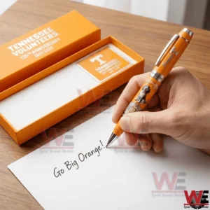 Tennessee Volunteers 135th Anniversary 1981-2026 Pen 6 Hand holding an orange Tennessee Volunteers pen writing on paper with an open orange gift box in the background!