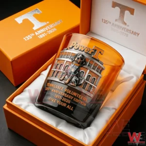 Tennessee Volunteers anniversary whiskey glass with mascot and stadium artwork displayed in an orange collectors gift box!