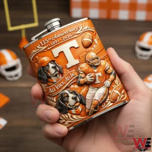 Tennessee Volunteers 135th Anniversary Flask Set 3 A hand holding an orange anniversary flask decorated with football imagery and team themed artwork!