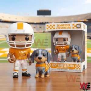 Tennessee Volunteers collectible figures of a football player and a dog mascot displayed next to the retail box on a wooden table with a football stadium in the background!