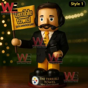 Wooden suited figure with headset holding a Terrible Towel fiftieth anniversary flag and microphone on a base with Steelers branding.