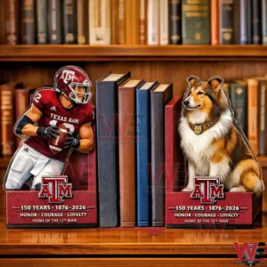 Texas A and M bookends with a football player figure and a collie dog figure placed beside books on a wooden shelf with Texas A and M logos and one hundred fifty year anniversary text!