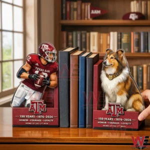 Texas A&M Aggies 150th Anniversary Bookends 3 Texas A and M bookends showing a football player and a collie dog holding books on a wooden table in front of a bookshelf and window!