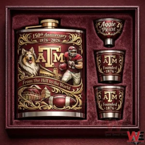 Texas AM anniversary flask gift set with ornate maroon and gold design matching cups and detailed artwork displayed inside a premium presentation box!