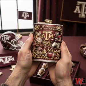 Texas A&M 150th Anniversary Flask Set 3 Hands holding a Texas AM anniversary flask with maroon and gold artwork football imagery and detailed commemorative design in a themed setting!