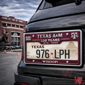 Rear view of a dark SUV with a Texas AM license plate frame showing Texas plate number 976 LPH and 150 years commemorative text near a stadium!
