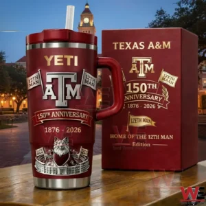 Texas AM 150th Anniversary 1876 2026 12th Man insulated tumbler with handle and matching gift box on a table with campus tower background!