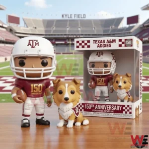 Texas AM Aggies one hundred fifty anniversary collectible figures featuring a football player and the Reveille mascot with the display box in front of Kyle Field.