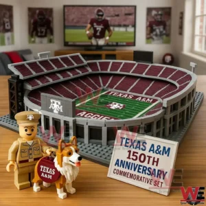 Texas A and M building block stadium model on a table with a cadet figure and dog mascot figure next to a 150th anniversary commemorative set sign in a sports themed room!