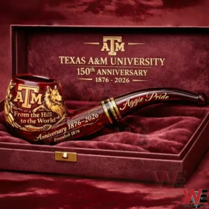 Texas AM University themed anniversary pipe with maroon and gold design inside a velvet presentation box!