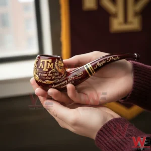 Texas A&M University 150th Anniversary Pipe 3 Hands holding a Texas AM University themed anniversary pipe with maroon finish gold accents and anniversary text!