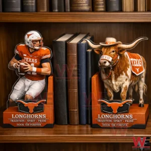 Texas Longhorns bookends with a quarterback figure on one side and the Bevo longhorn mascot on the other separated by upright books.