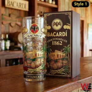 Bacardi legacy glass with decorative box on wooden bar!